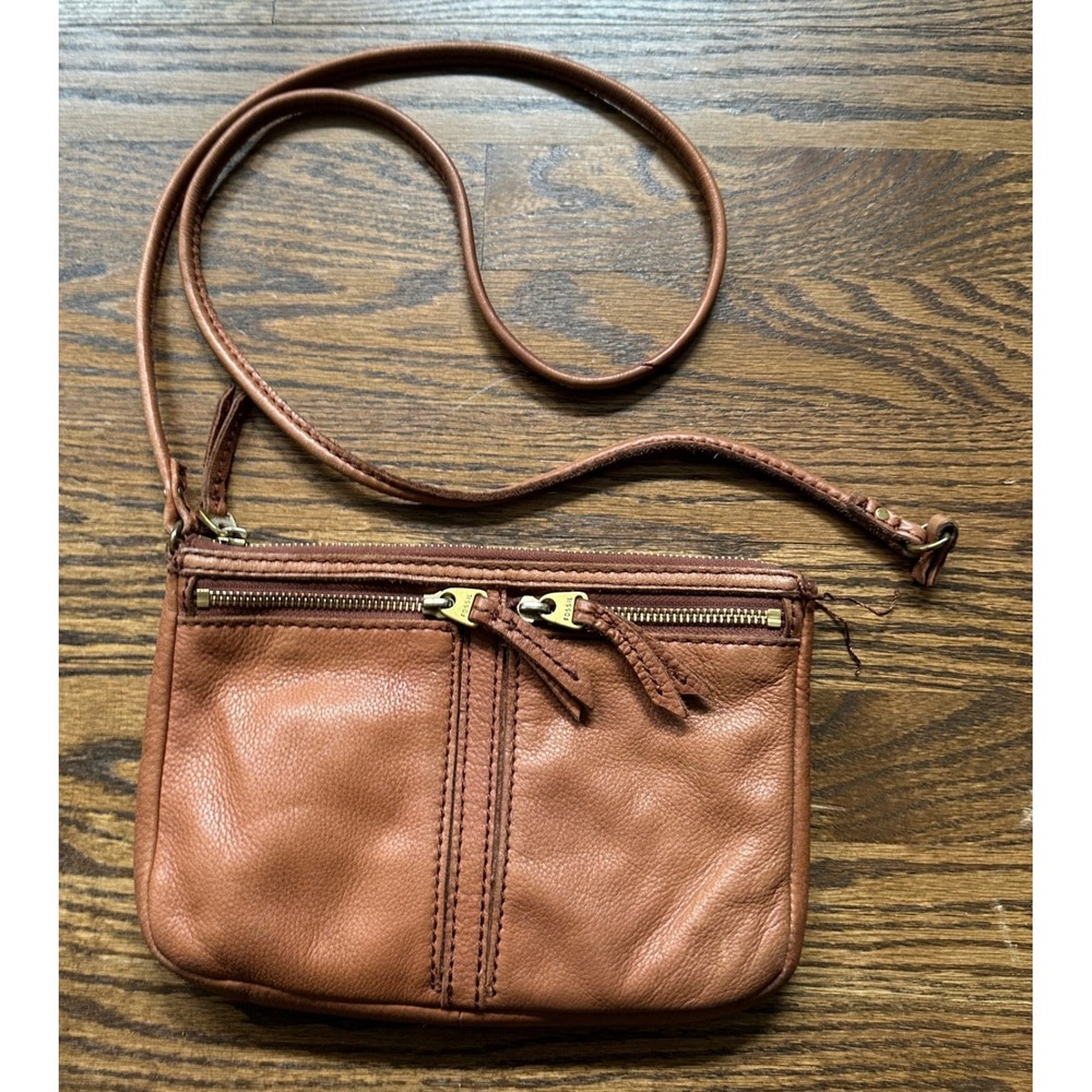 Fossil Leather Crossbody Bag Womens Broken Strap Brown Double Zip Boho Travel